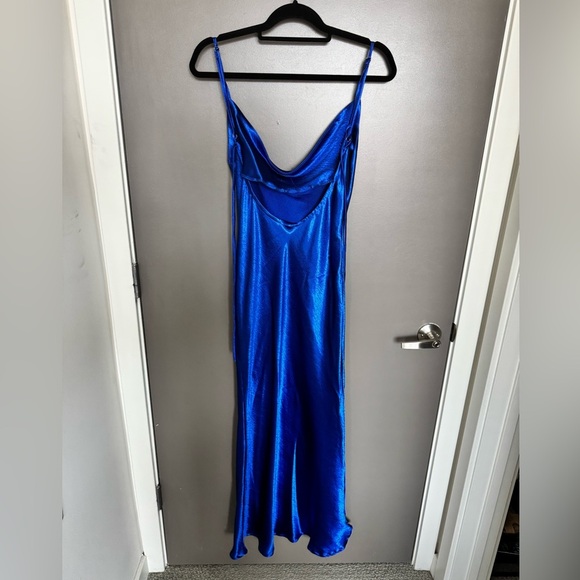 Blue Satin Maxi Dress with Cowl Neckline & Spaghetti Straps - Picture 8 of 13